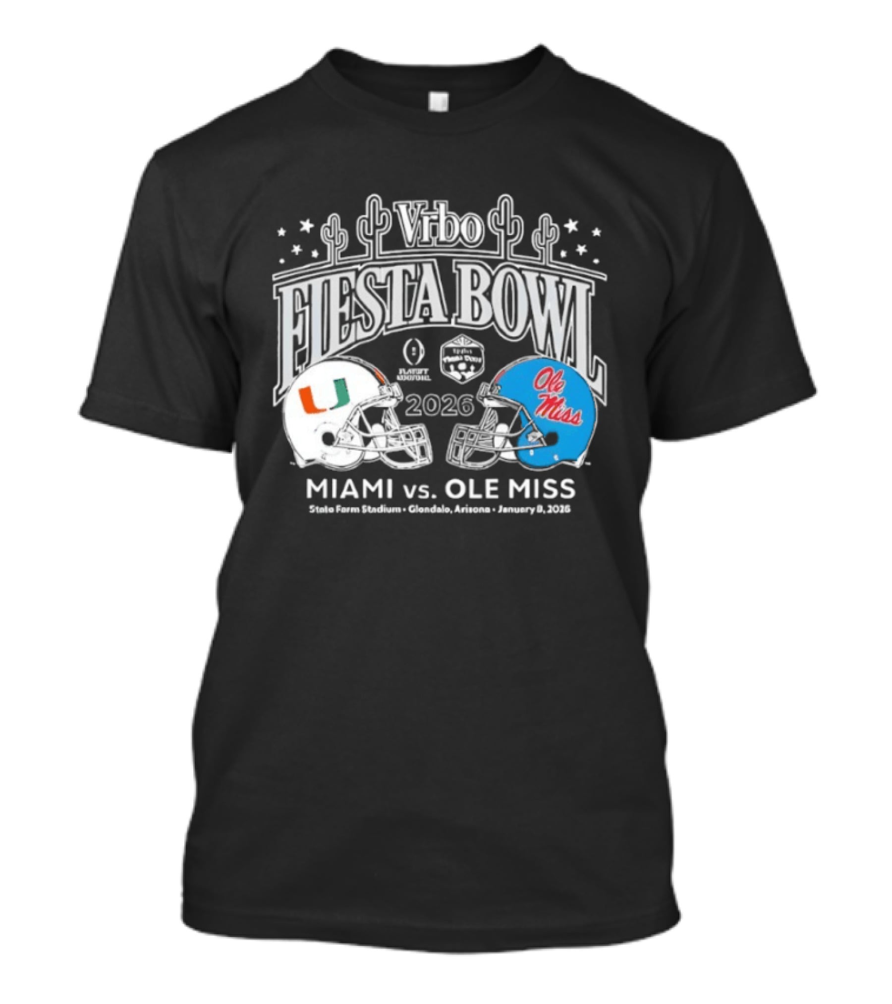 Miami Hurricanes Vs Ole Miss 2026 Vrbo Fiesta Bowl Matchup Rebels Cactus CFP Semifinal Arizona January 1 2026 T-Shirt