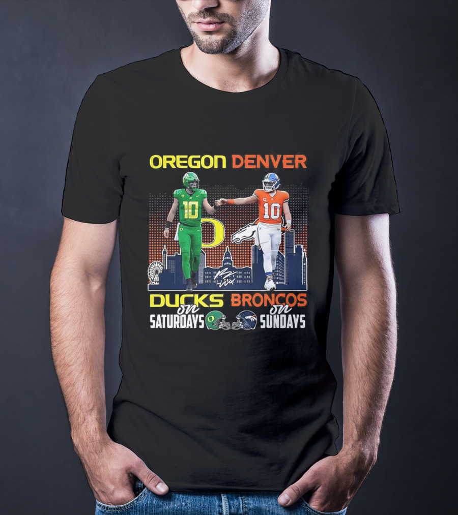 Oregon Ducks Saturdays Denver Broncos Sundays Bo Nix Signature Skyline T-Shirt