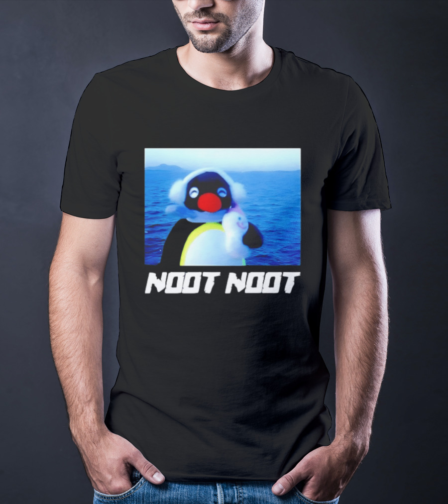 Noot Noot Penguin Holding Toy Ocean Background T-Shirt