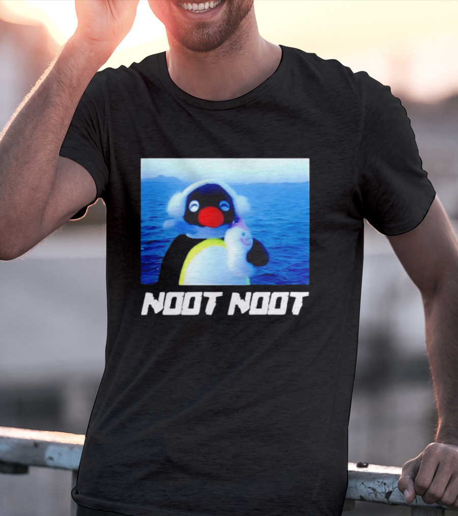 Noot Noot Penguin Holding Toy Ocean Background T-Shirt