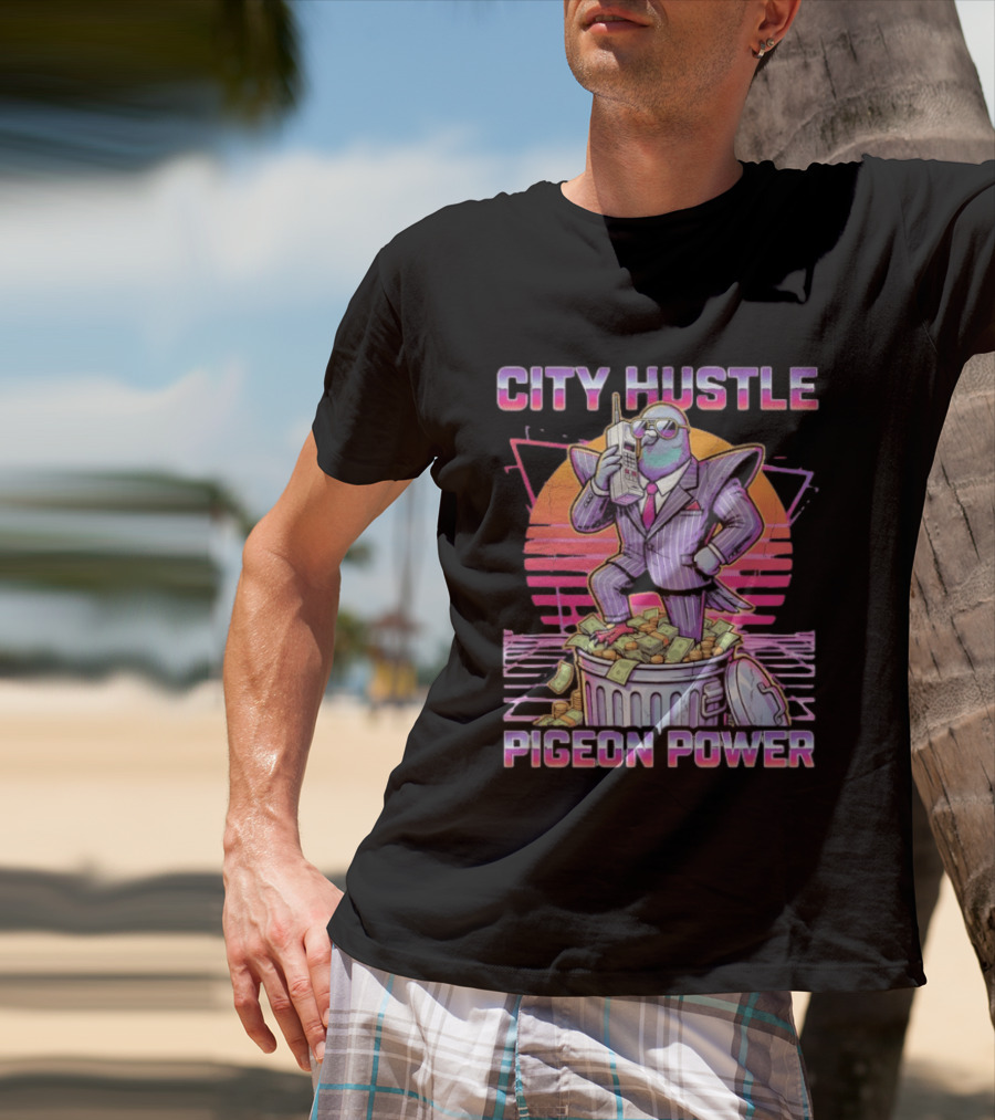 Pigeon Power City Hustle Funny Retro 80s Synthwave Suit Money Trash Can Telephone T-Shirt