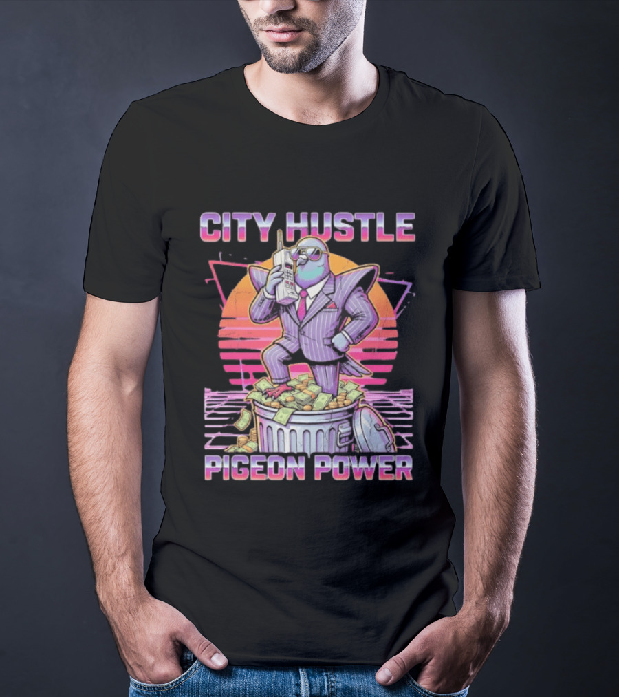 Pigeon Power City Hustle Funny Retro 80s Synthwave Suit Money Trash Can Telephone T-Shirt