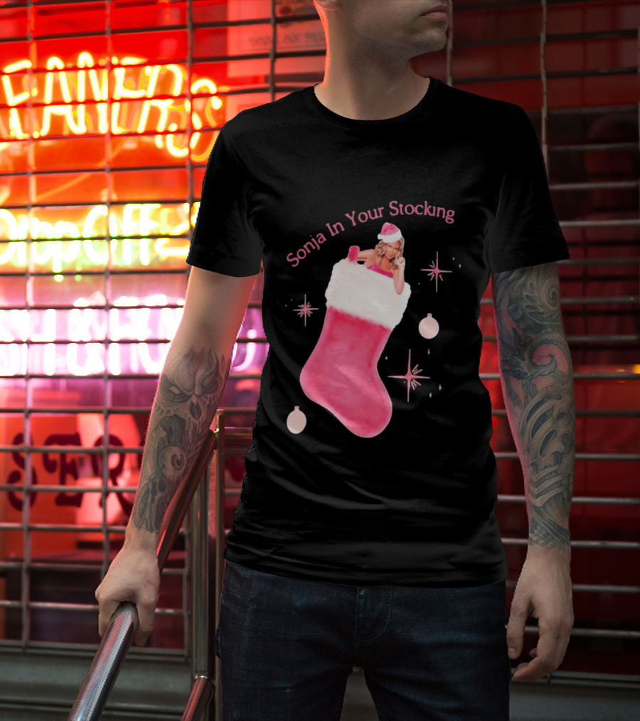 Sonja In Your Stocking Holiday Christmas Sox Pink Santa Hat Festive T-Shirt