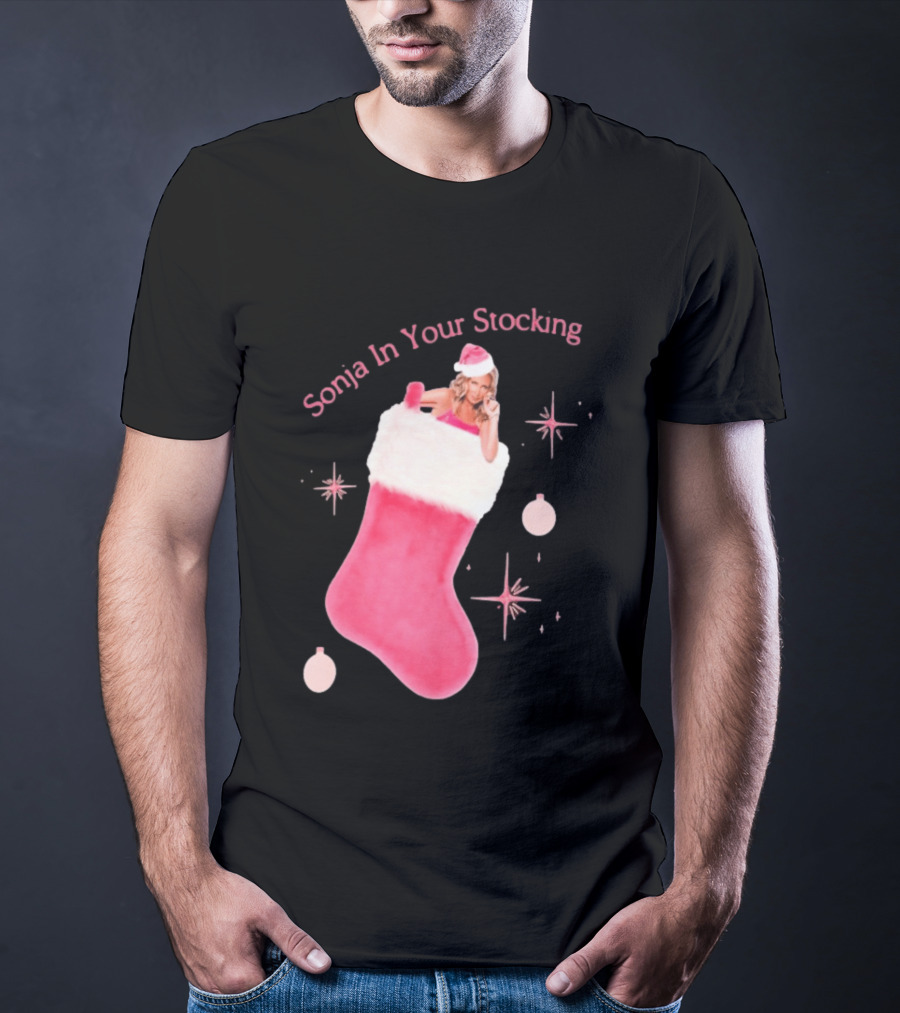 Sonja In Your Stocking Holiday Christmas Sox Pink Santa Hat Festive T-Shirt