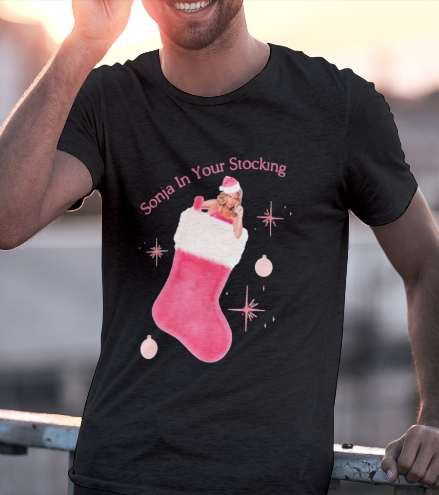 Sonja In Your Stocking Holiday Christmas Sox Pink Santa Hat Festive T-Shirt
