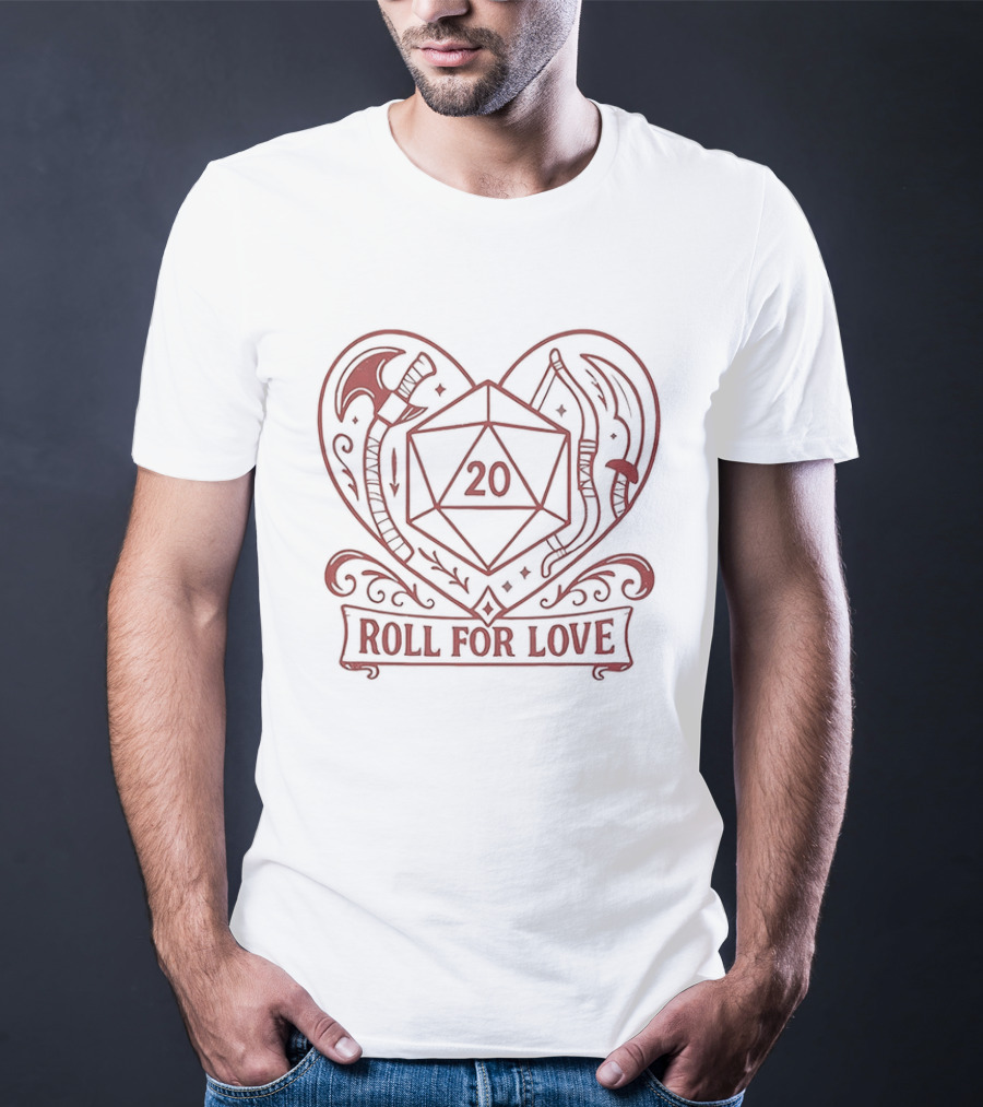 Roll For Love Heart Axe 20 Sided Dice Dungeons And Dragons T-Shirt