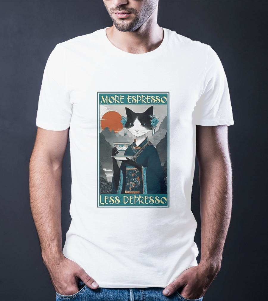 More Espresso Less Depresso Zen Barista Cat Ukiyo E T-Shirt