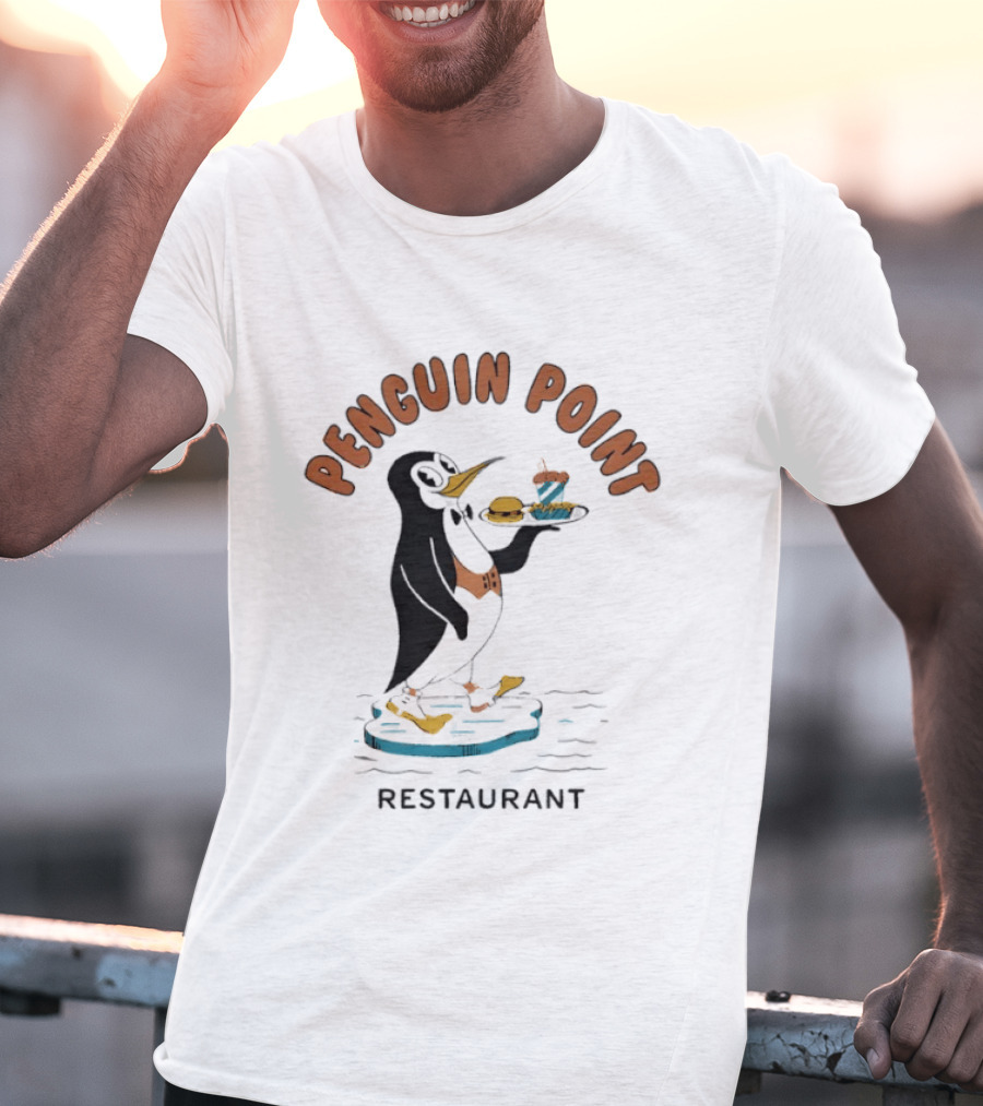 Penguin Point Restaurant Mascot Penguin With Bow Tie And Meal T-Shirt