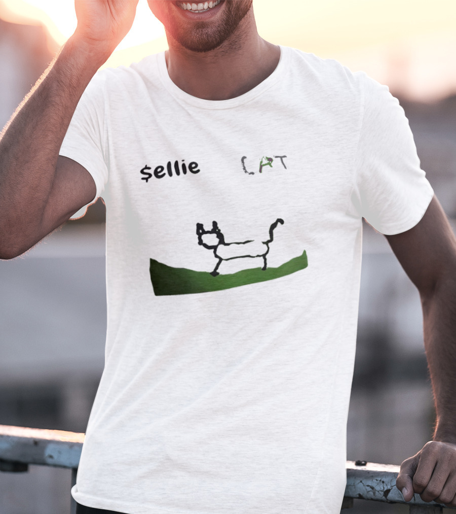 $sellie CAT Drawing Sketch With Green Ground T-Shirt