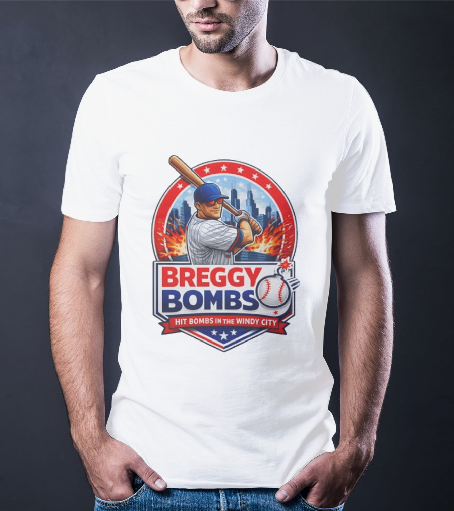Breggy Bombs Hit Bombs In The Windy City Baseball Power Chicago Skyline Fireworks T-Shirt