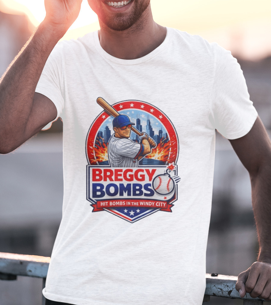 Breggy Bombs Hit Bombs In The Windy City Baseball Power Chicago Skyline Fireworks T-Shirt