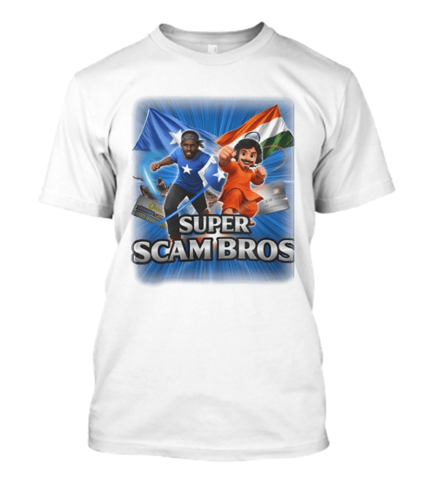Super Scam Bros Indian Flag With Cartoon Superheroes And Credit Cards T-Shirt