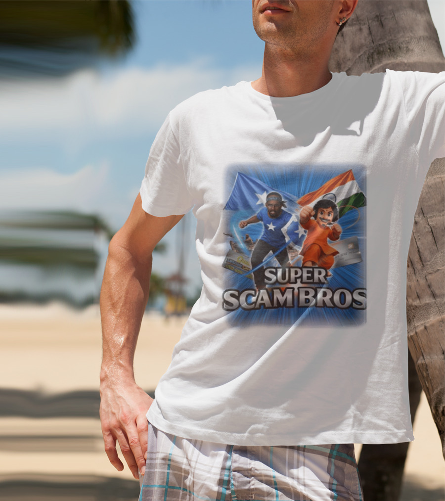 Super Scam Bros Indian Flag With Cartoon Superheroes And Credit Cards T-Shirt