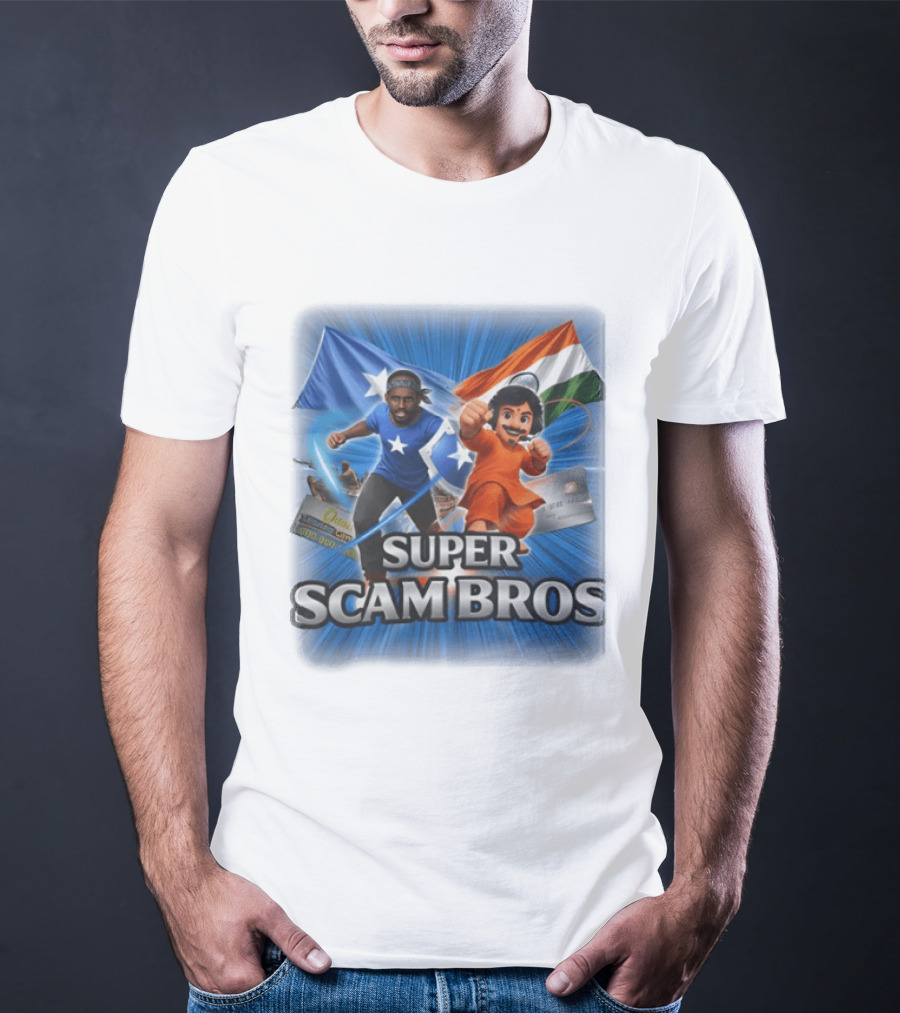 Super Scam Bros Indian Flag With Cartoon Superheroes And Credit Cards T-Shirt