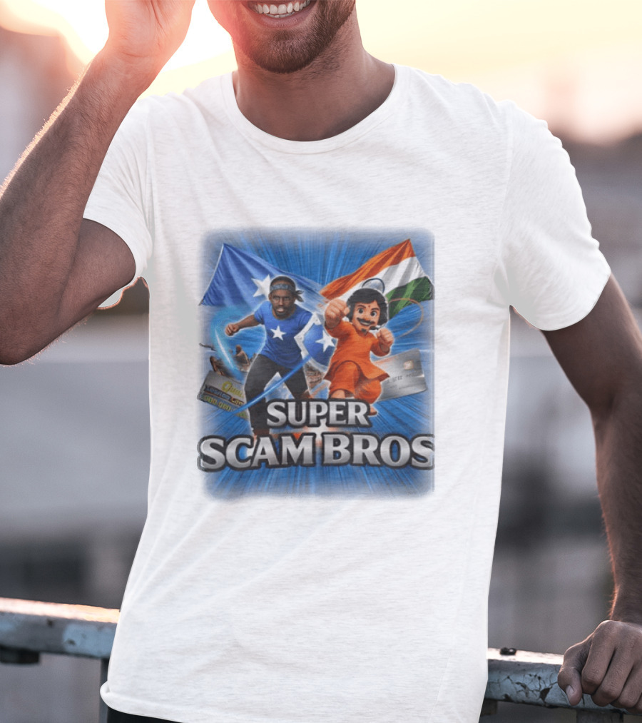 Super Scam Bros Indian Flag With Cartoon Superheroes And Credit Cards T-Shirt