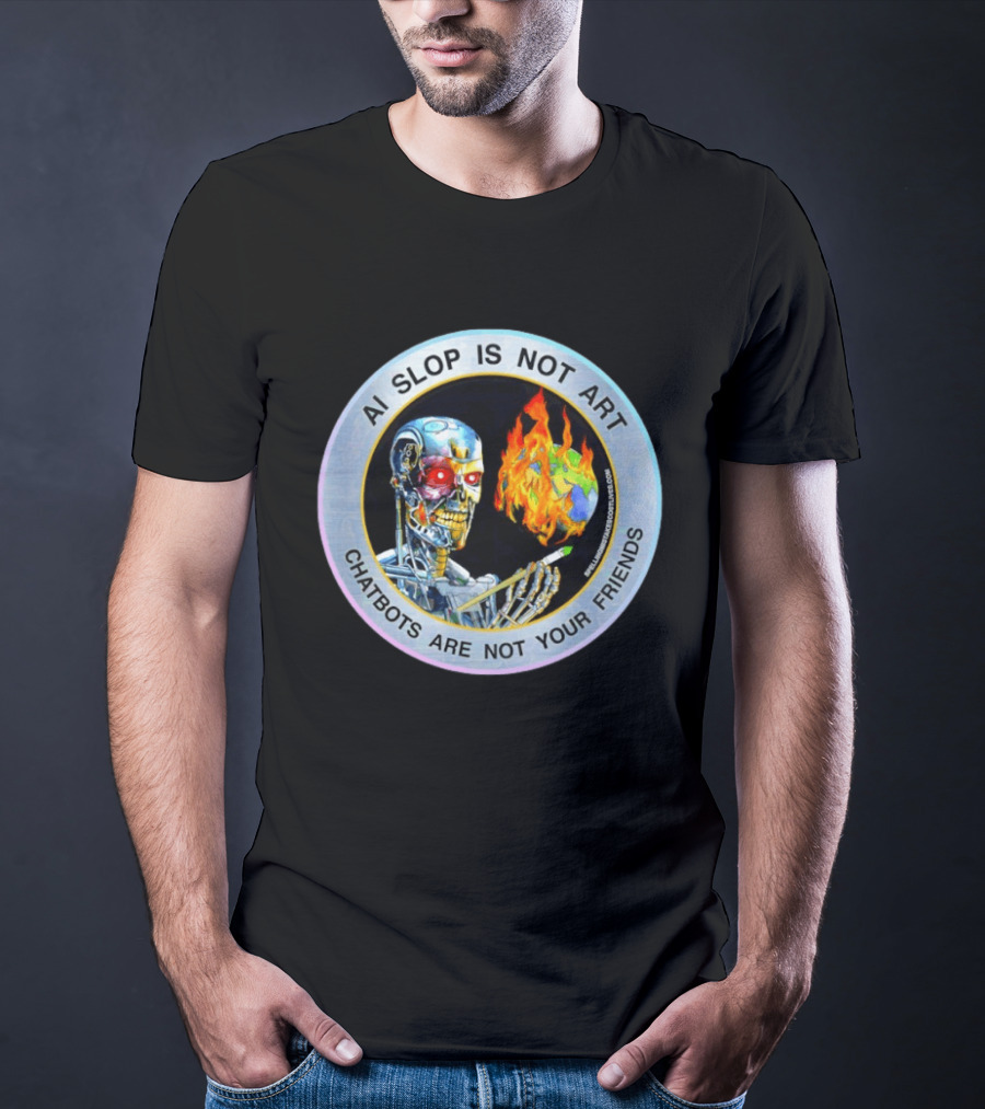 AI Slop Is Not Art Chatbots Are Not Your Friends Cyborg Painting Flames T-Shirt