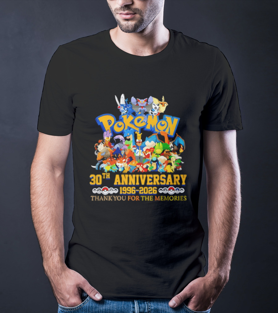 Pokémon 30th Anniversary 1996 2026 Pikachu Mewtwo Eevee Mew Dragonite Snorlax Thank You For The Memories T-Shirt