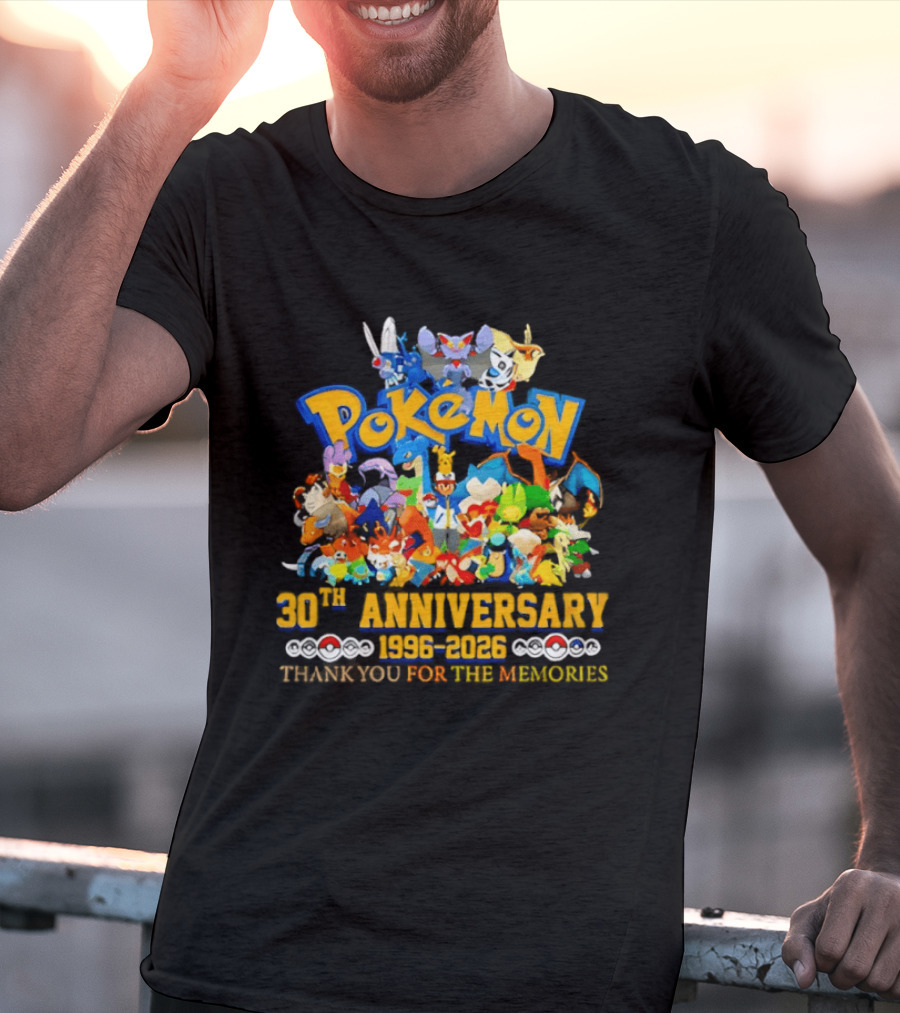 Pokémon 30th Anniversary 1996 2026 Pikachu Mewtwo Eevee Mew Dragonite Snorlax Thank You For The Memories T-Shirt