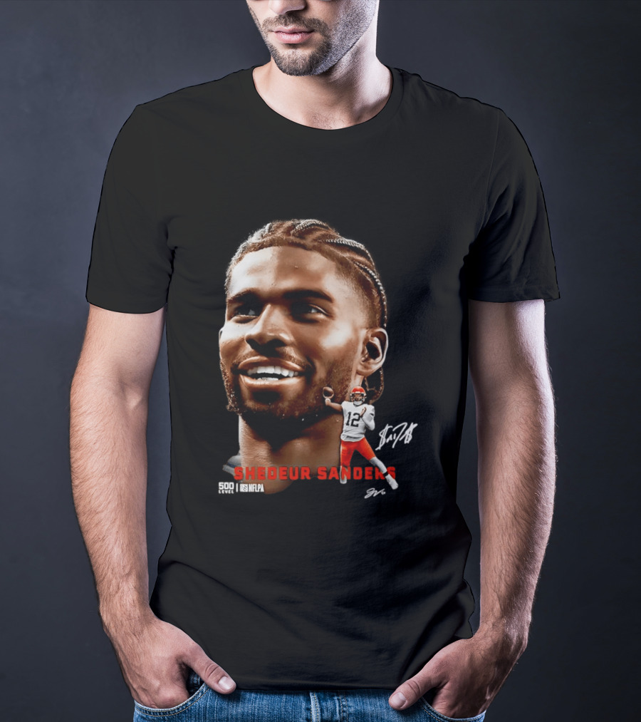 Shedeur Sanders NFLPA 500 Level Dual Autograph Cleveland 12 T-Shirt