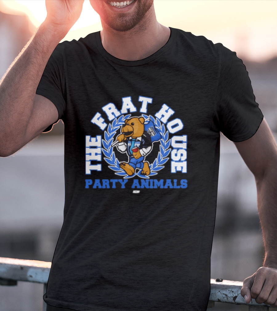 The Frat House Party Animals Beer Bear Drinking In Blue College Jacket T-Shirt