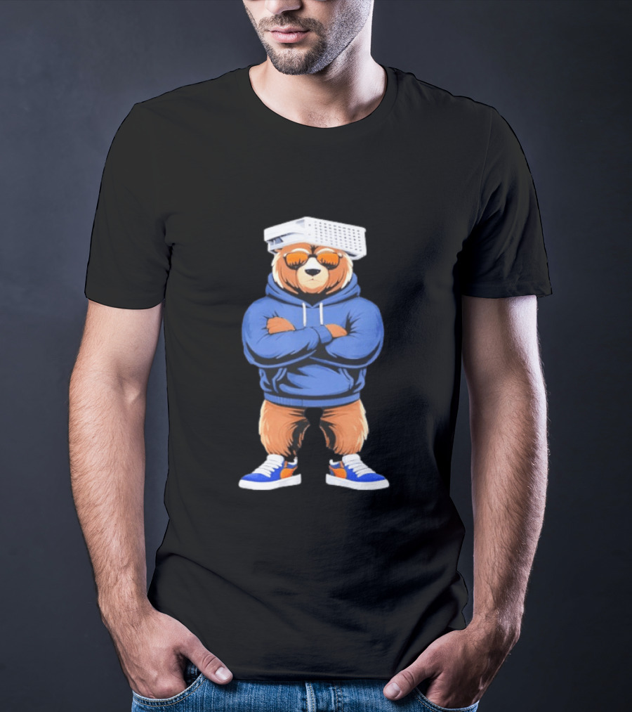 Bear With Cheese Grater Hat And Cool Sunglasses In Blue T-Shirt