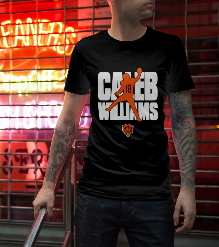 Caleb Williams 18 Chicago Bears Football Quarterback Silhouette With Orange Team T-Shirt