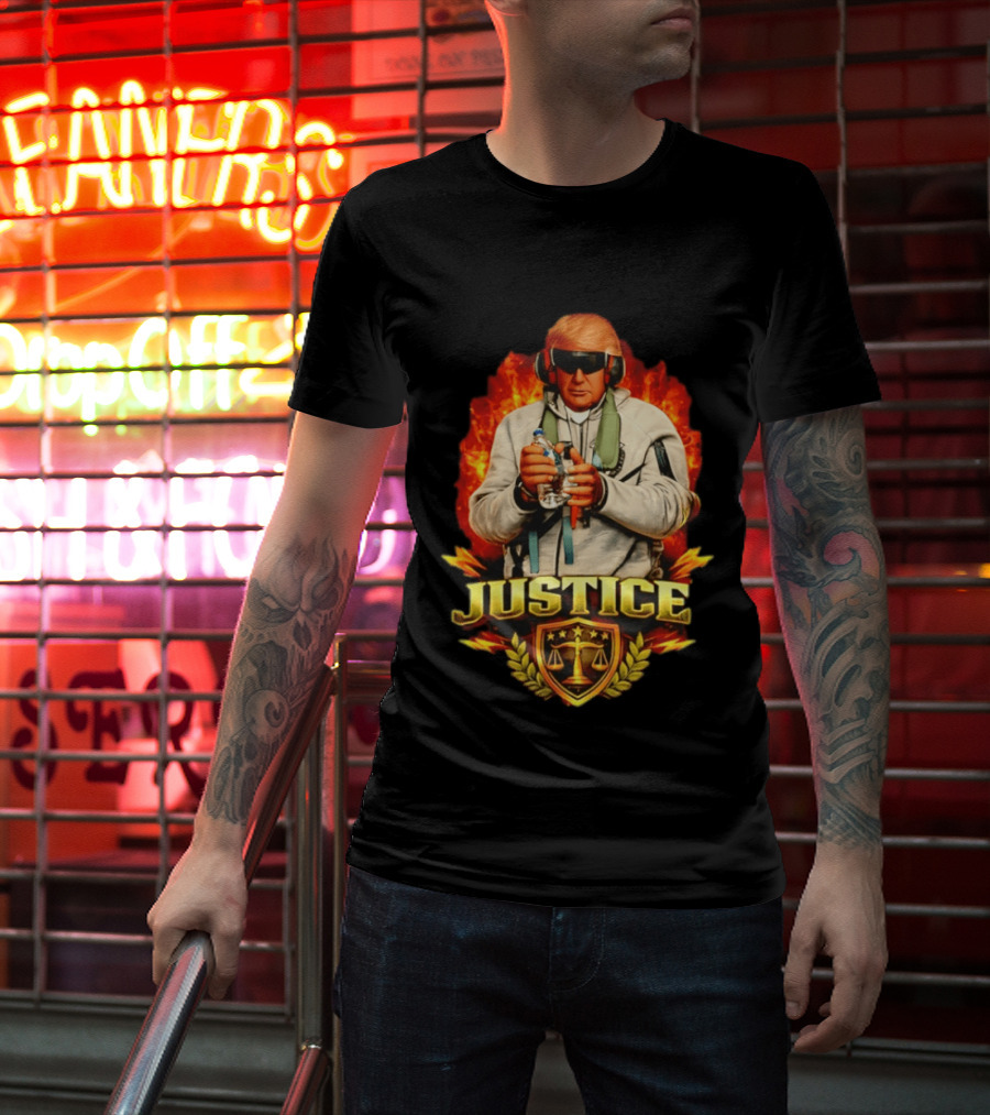 Justice Trump Flaming Background Holding Water Scales Of Justice T-Shirt