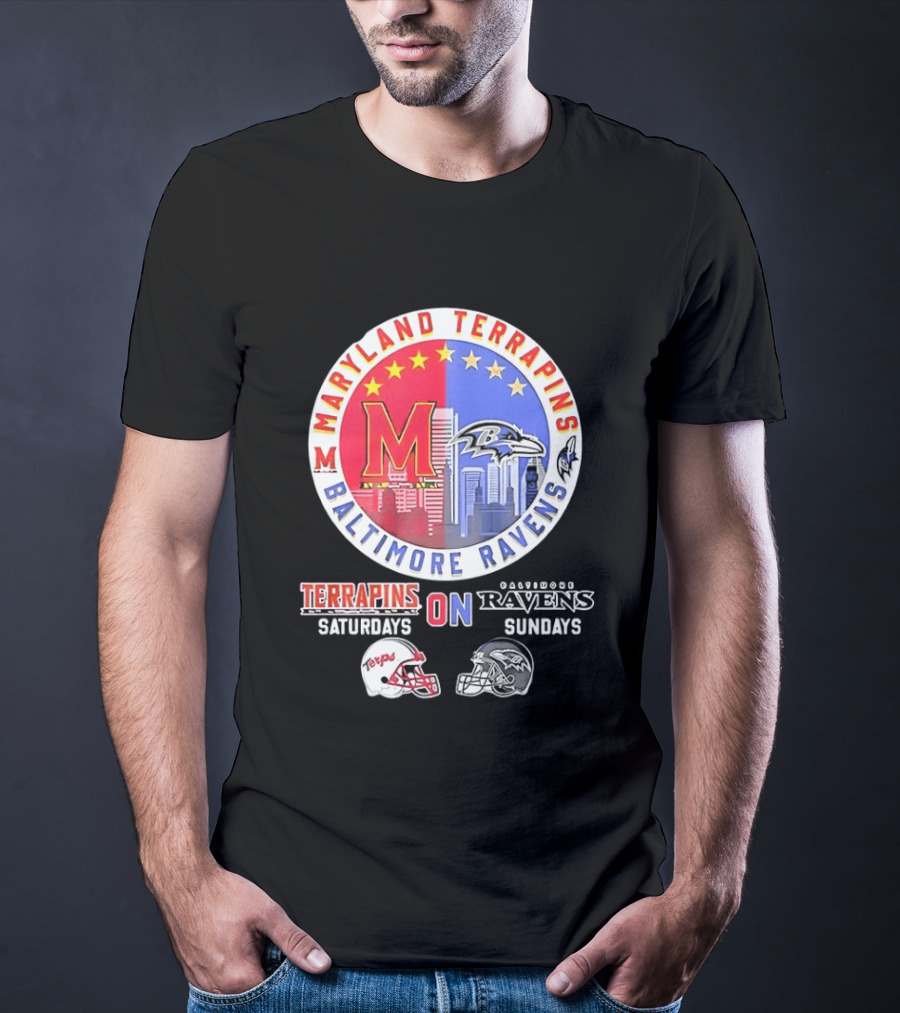Maryland Terrapins Saturdays Baltimore Ravens Sundays Mashup Helmet T-Shirt