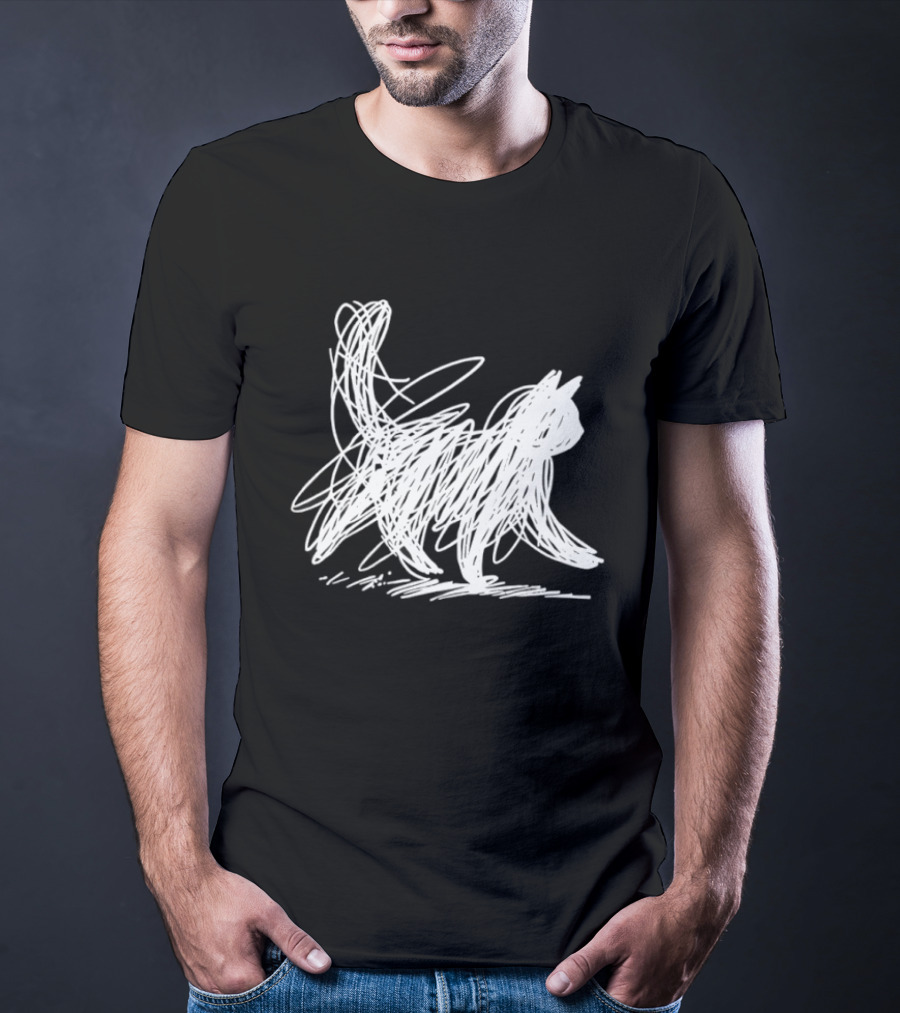 Scribble Cat Minimal Line Art Japanese T-Shirt