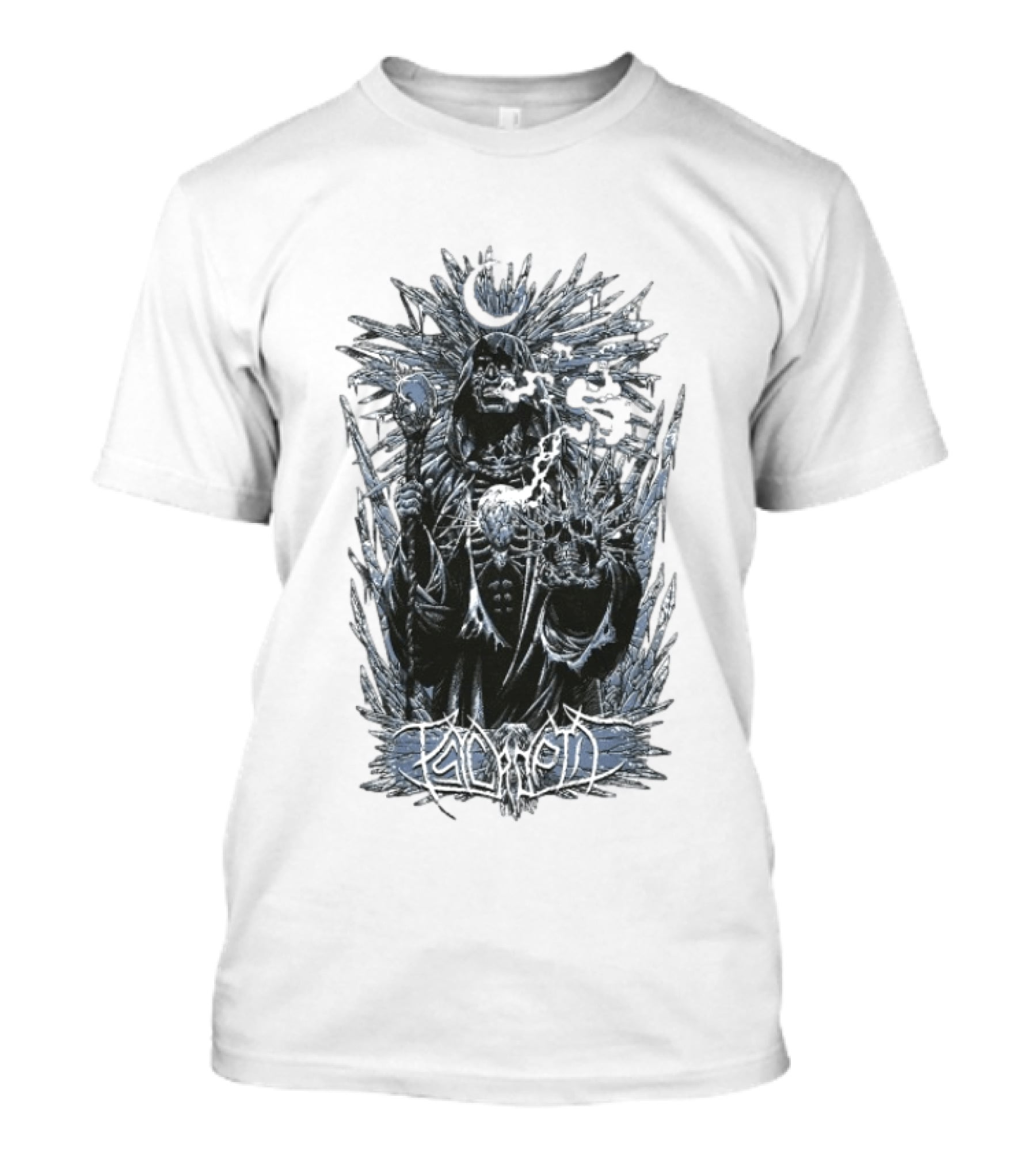 Psycroptic Ice Demon Moonlit Sorcerer Holding Crystal Staff And Skull T-Shirt
