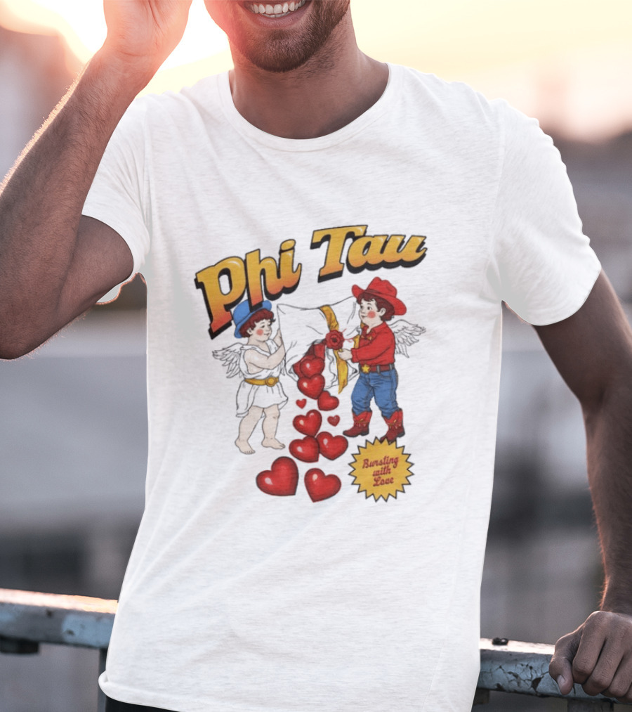 Phi Tau Valentine's Cupid And Cowboy Bursting With Love Hearts T-Shirt