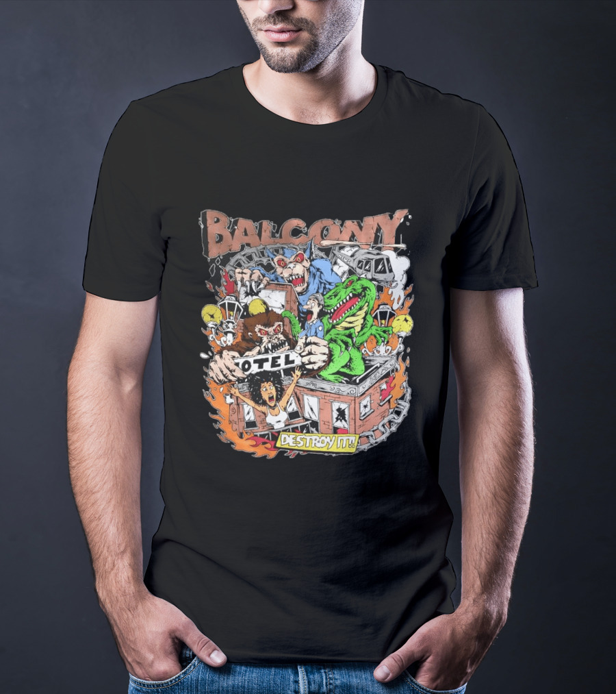 Balcony Hotel Rampage Cartoon Destroy It Monsters And Chaos T-Shirt