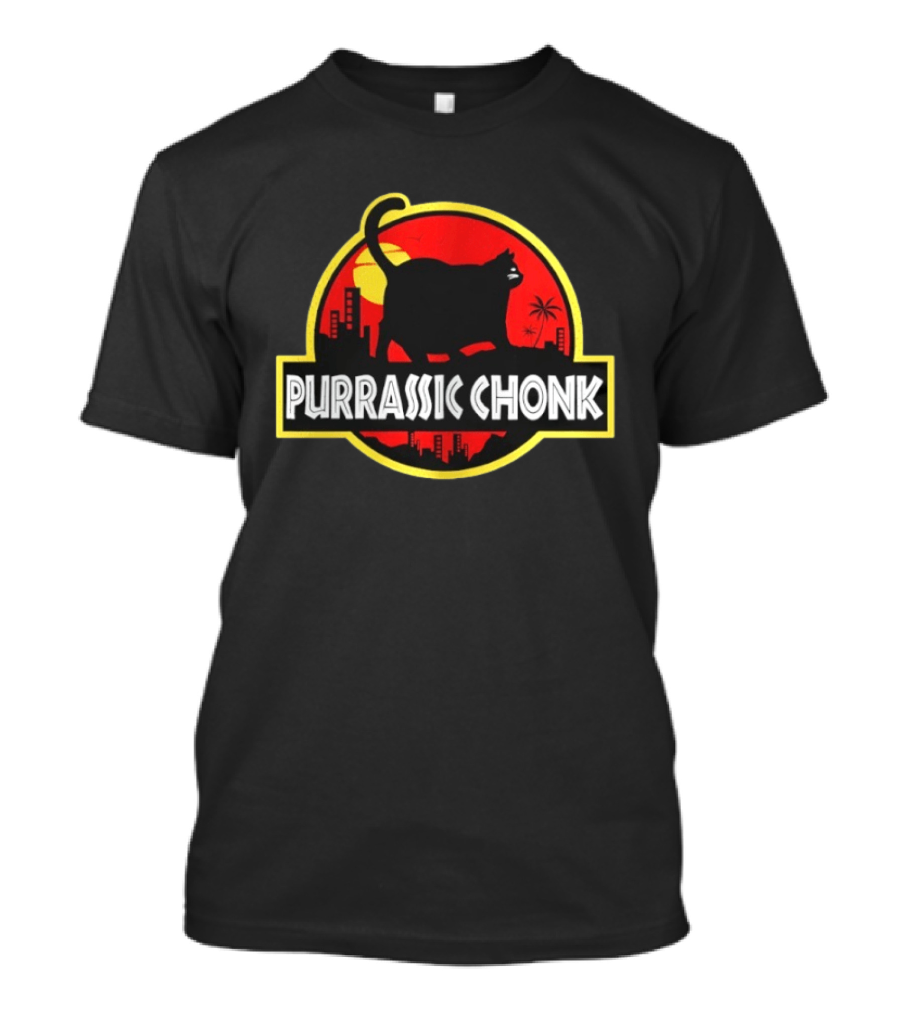 Purrassic Chonk Jurassic Cat Parody With Cat Silhouette On Red Sun T-Shirt