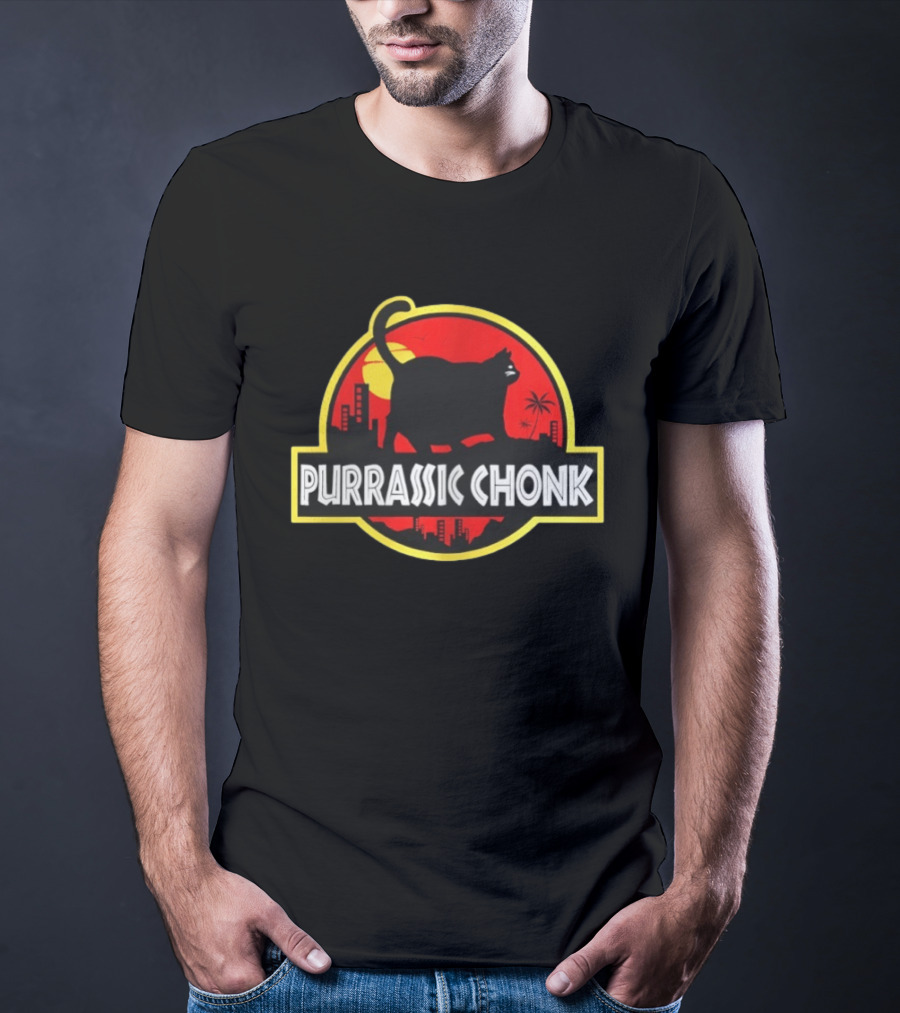 Purrassic Chonk Jurassic Cat Parody With Cat Silhouette On Red Sun T-Shirt