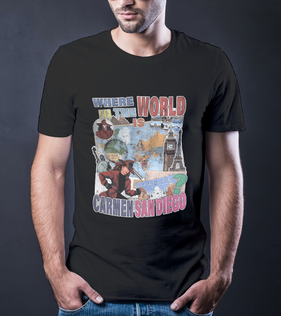 Where In The World Is Carmen Sandiego Map And Landmarks Collage T-Shirt