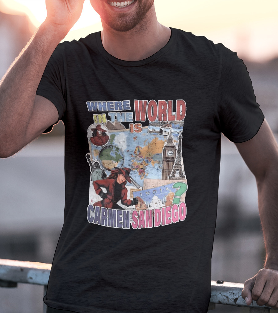 Where In The World Is Carmen Sandiego Map And Landmarks Collage T-Shirt