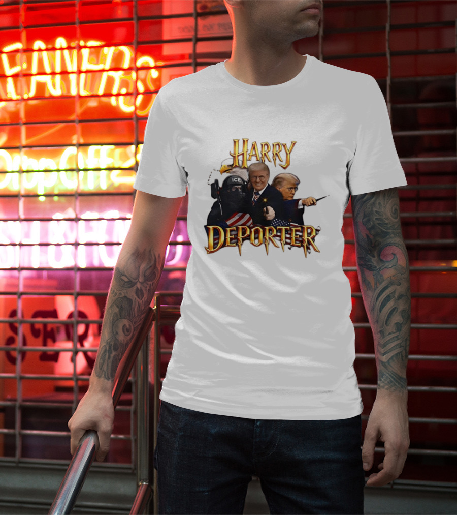 Harry Deporter Trump ICE Caricature American Flag Wand And Eagle T-Shirt