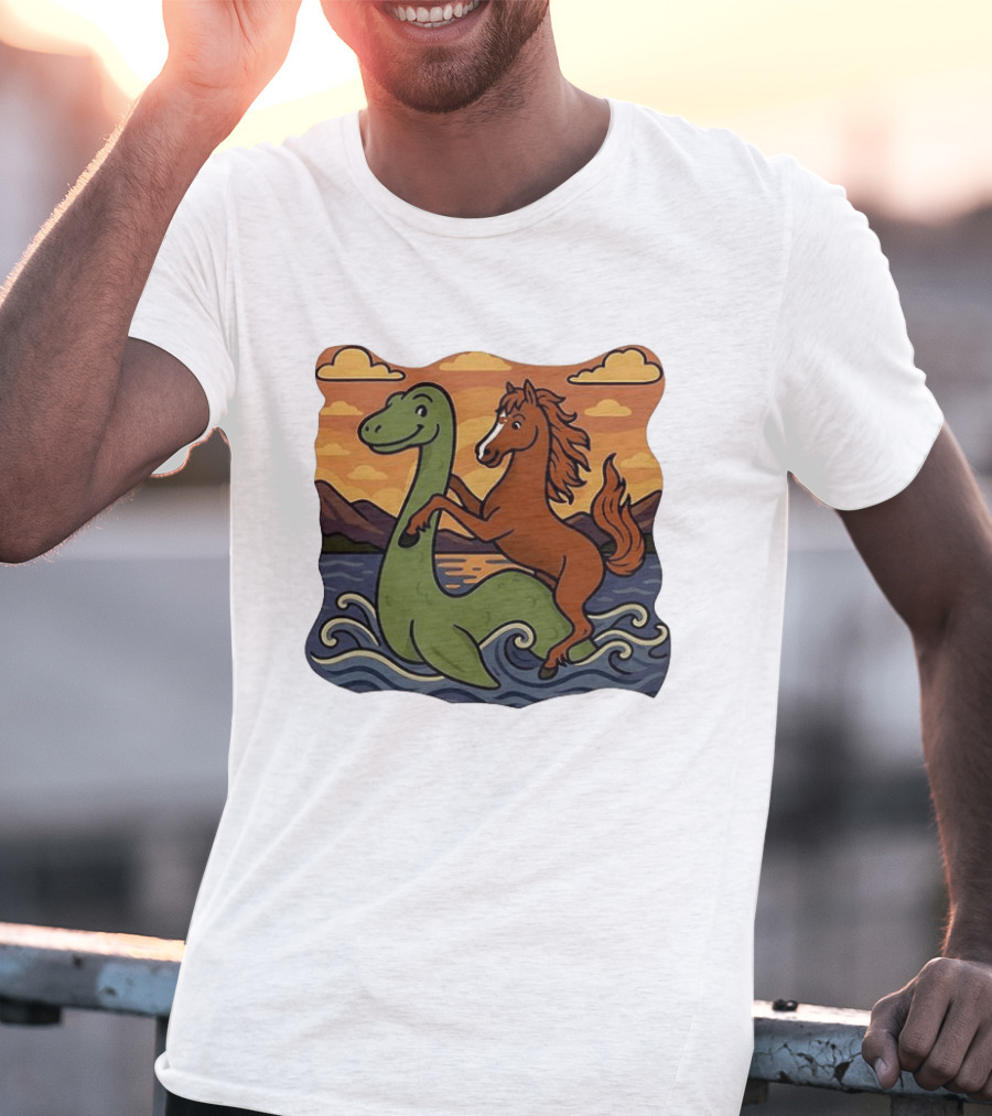 Playful Horse Riding Loch Ness Monster At Sunset Scene T-Shirt