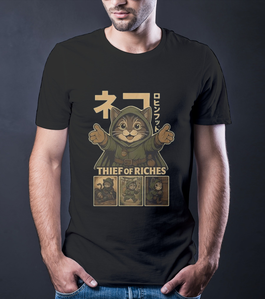 Cat Thief Of Riches Japanese Text Playful Robber T-Shirt