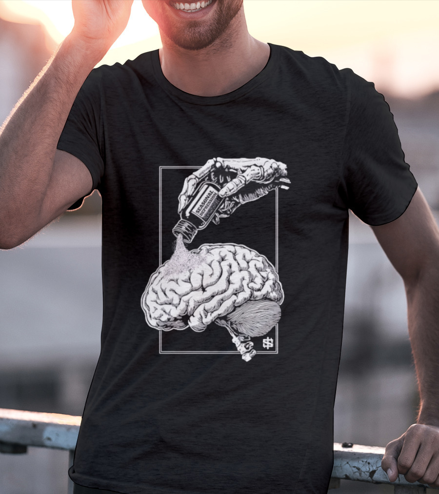 Seasonal Depression Skeleton Hand Pouring On Brain T-Shirt
