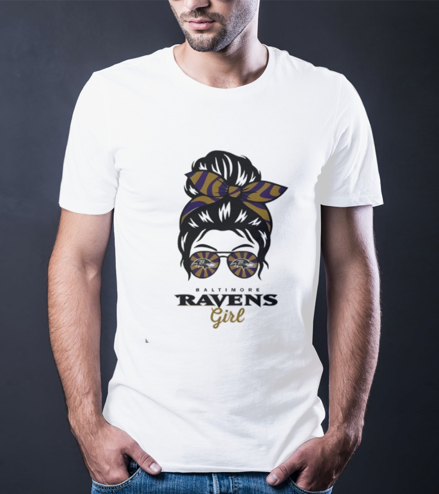 Baltimore Ravens Girl Messy Bun Glasses Bow Fan Gear T-Shirt