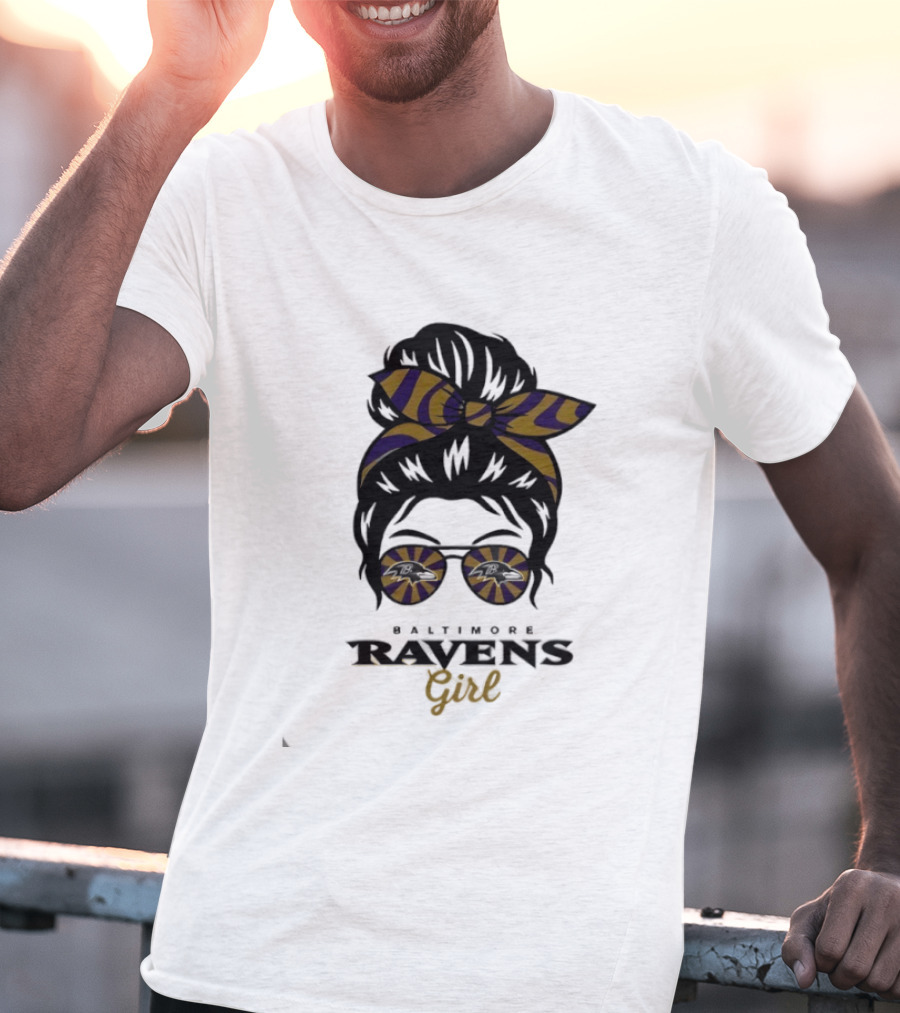 Baltimore Ravens Girl Messy Bun Glasses Bow Fan Gear T-Shirt
