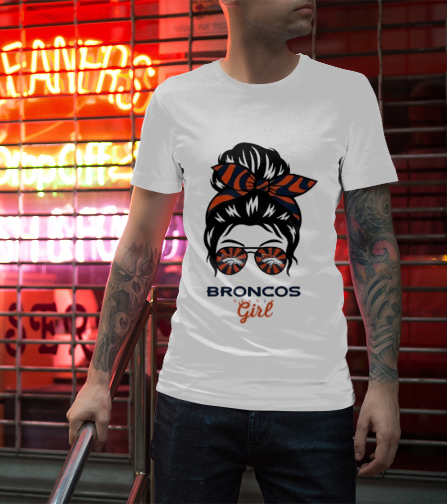 Broncos Girl Messy Bun Glasses And Bow T-Shirt