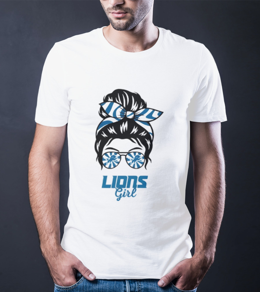 Detroit Lions Girl Glasses Messy Bun T-Shirt