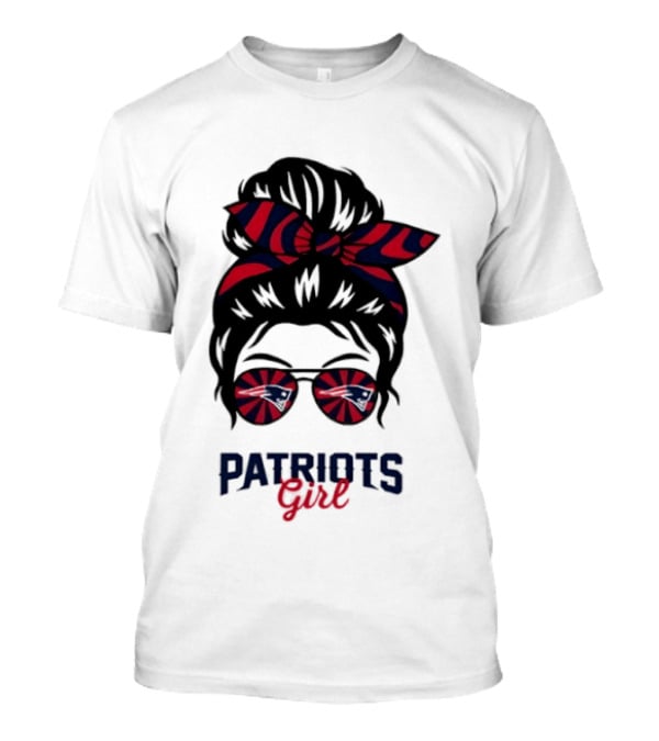 Patriots Girl Messy Bun Glasses Red Blue Bow Fan T-Shirt