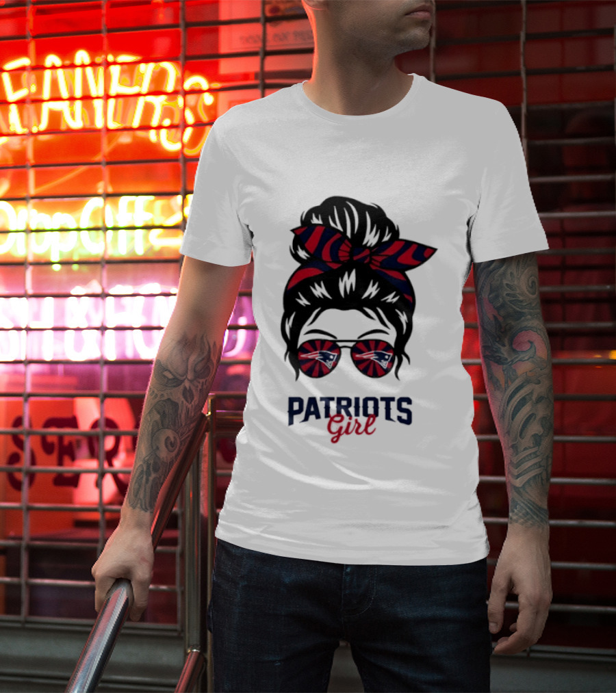 Patriots Girl Messy Bun Glasses Red Blue Bow Fan T-Shirt