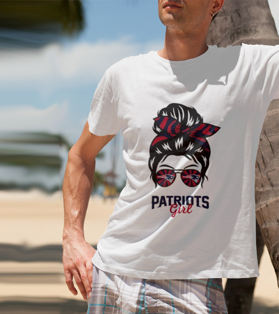 Patriots Girl Messy Bun Glasses Red Blue Bow Fan T-Shirt