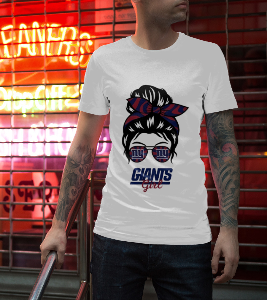 New York Giants Girl Messy Bun Glasses Bow T-Shirt