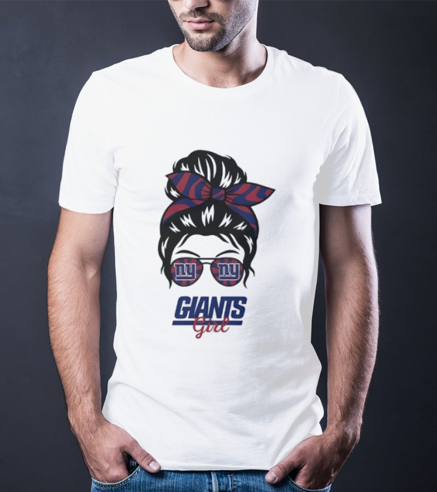 New York Giants Girl Messy Bun Glasses Bow T-Shirt