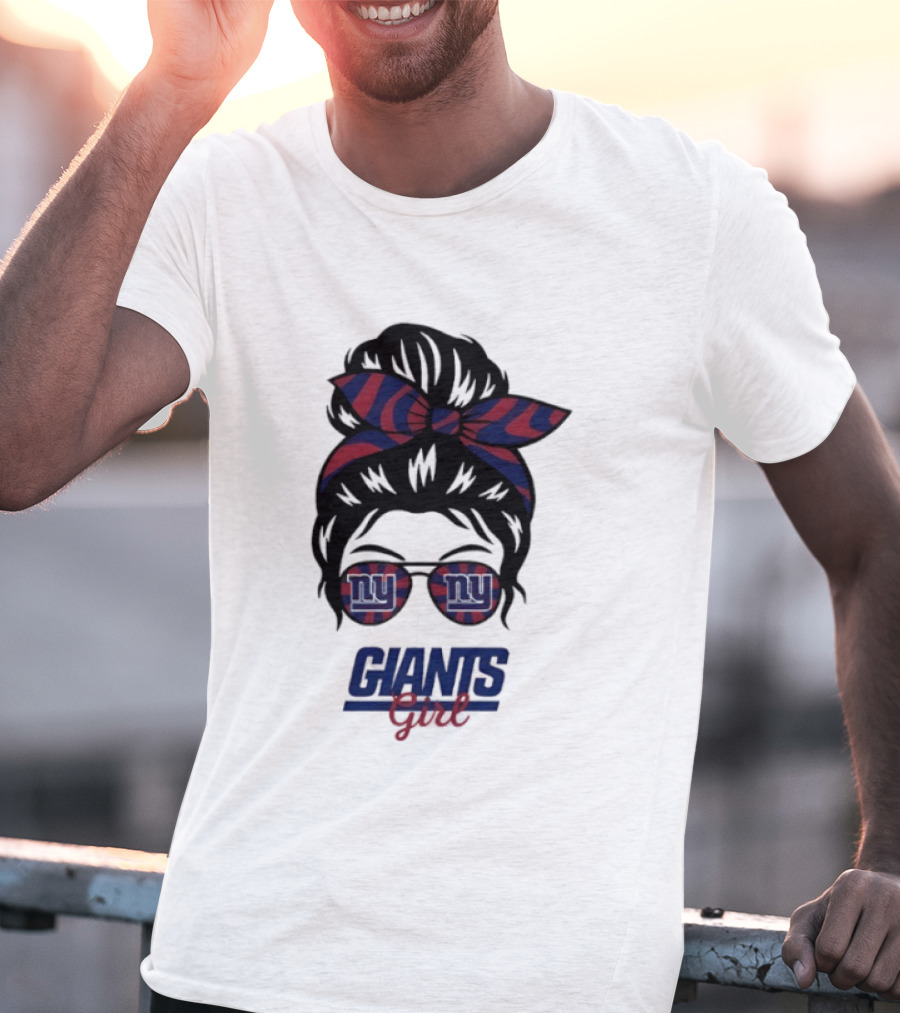 New York Giants Girl Messy Bun Glasses Bow T-Shirt